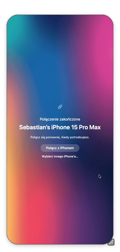 Oryginalny screen iPhone na Macu: Połączenie zakończone; Połącz z iPhonem; Wybierz innego iPhone’a